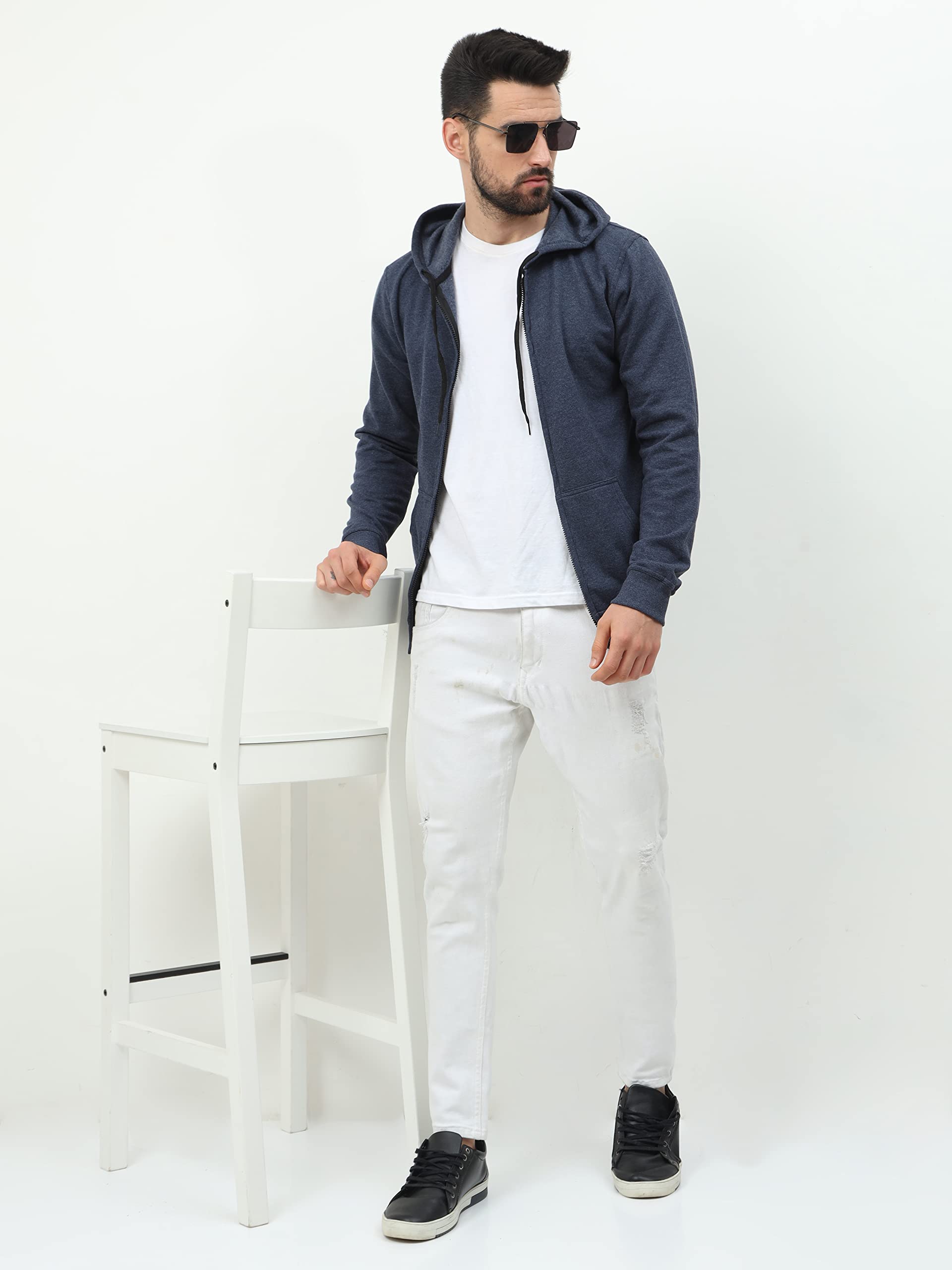 Wafaa Men's Cotton Plain Hooded Neck Full Zipper Navy Melange Color Sweatshirt Hoodies with Kangaroo Pocket XL Size - Image 3