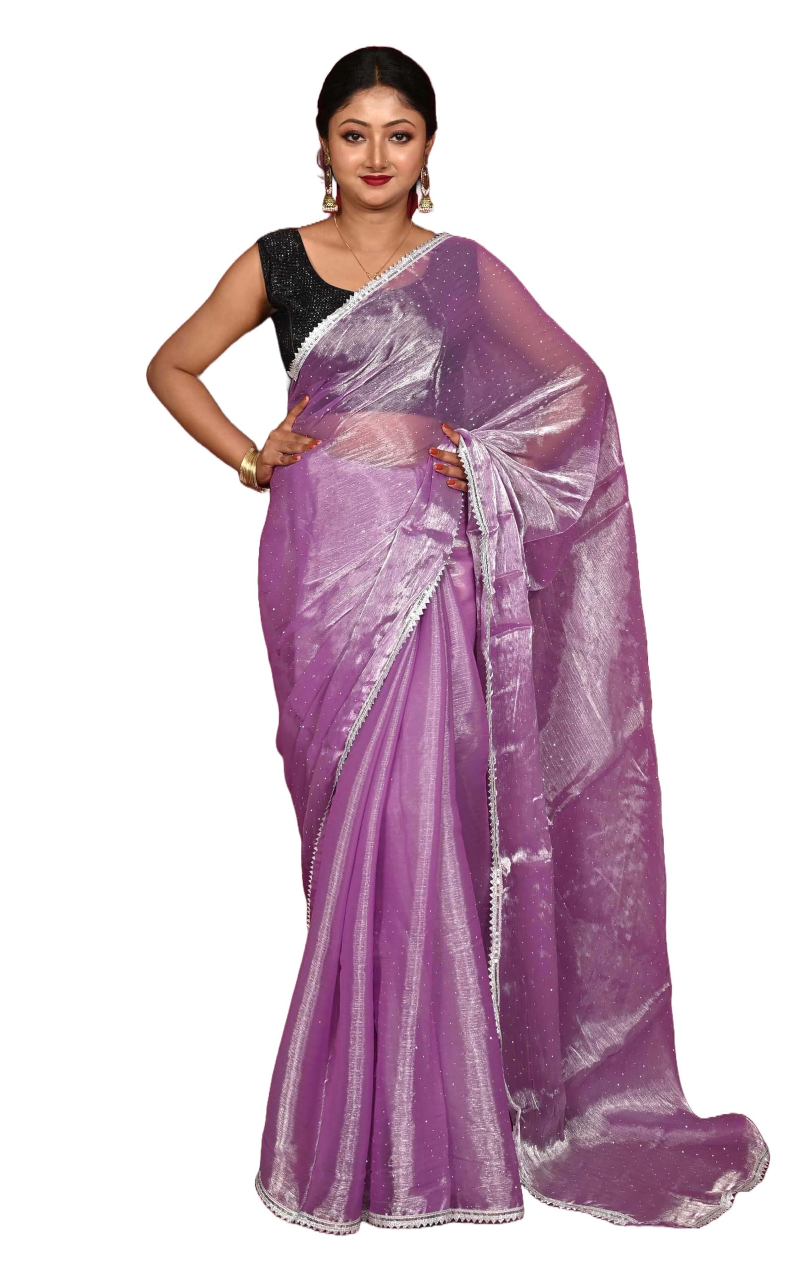 RUPLEKHA FASHION Women's Tissue Silk Saree With Unstiched Blouse Piece, Designer Soft Crushed Glass Tissue Zardosi Saree For Festival