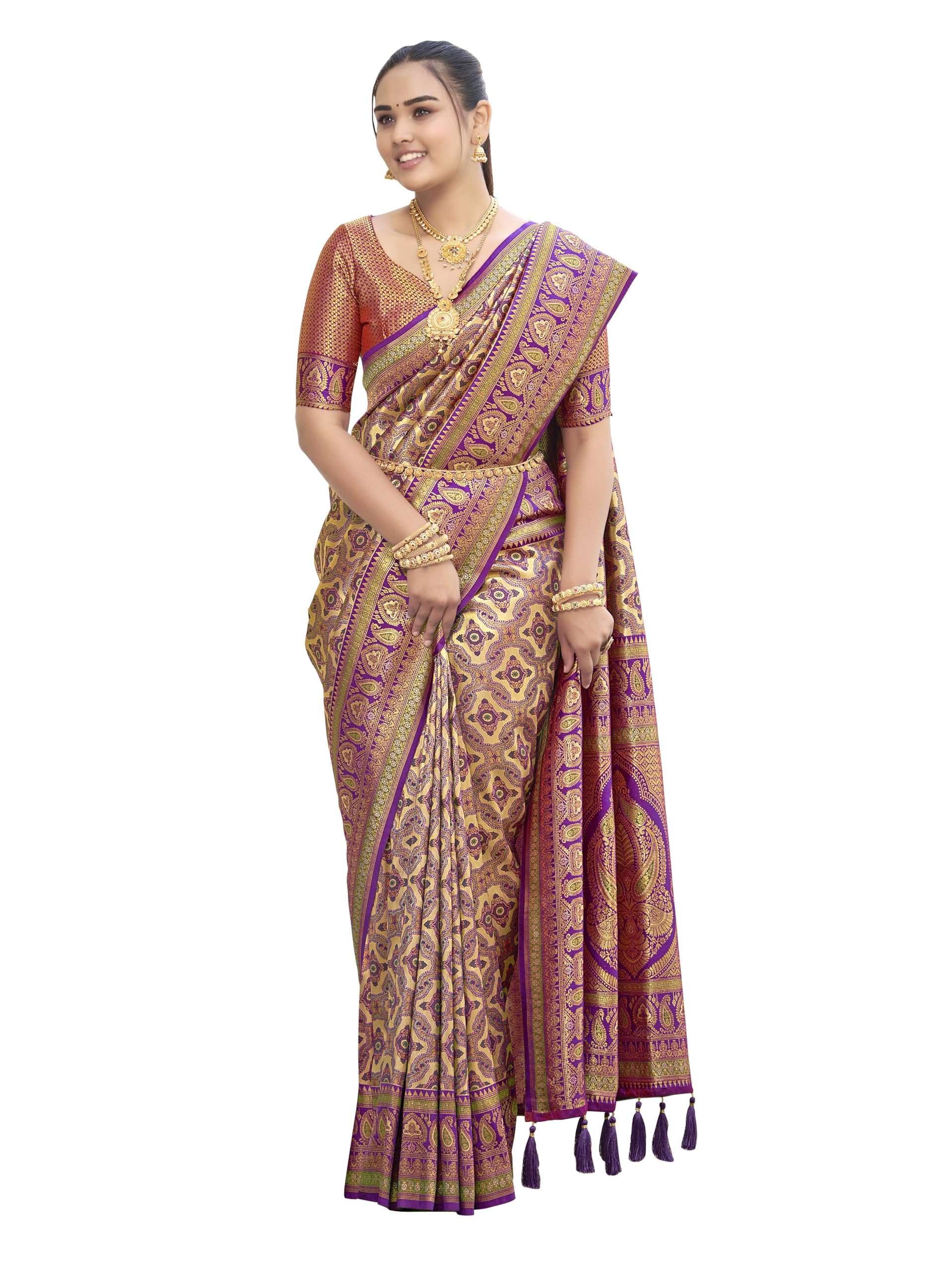 MANOHARI Women's Most Trendy Banarasi Woven Purple Saree With Heavy Jacquard Work Saree With Blouse Piece