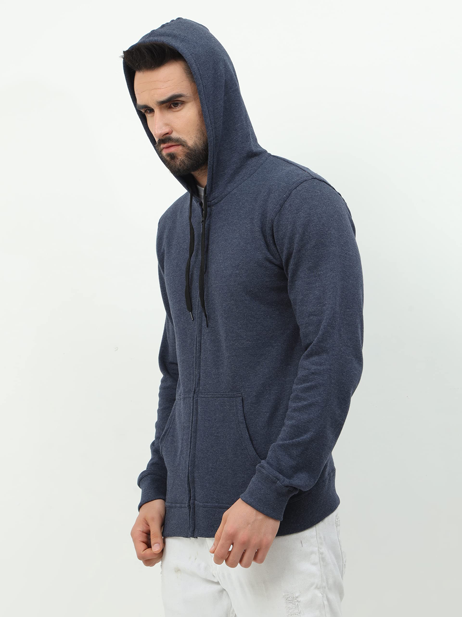 Wafaa Men's Cotton Plain Hooded Neck Full Zipper Navy Melange Color Sweatshirt Hoodies with Kangaroo Pocket XL Size - Image 6
