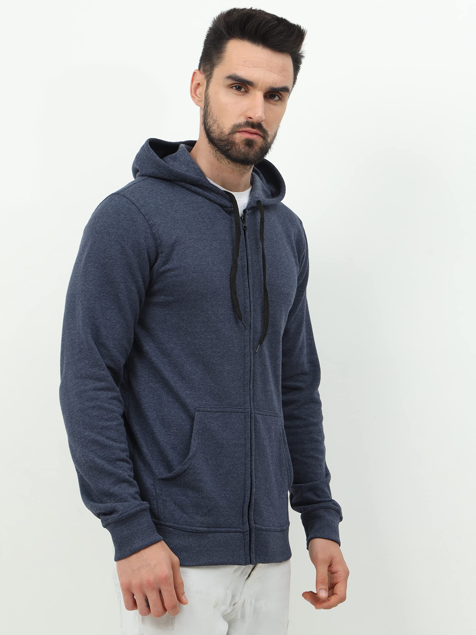 Wafaa Men's Cotton Plain Hooded Neck Full Zipper Navy Melange Color Sweatshirt Hoodies with Kangaroo Pocket XL Size - Image 4