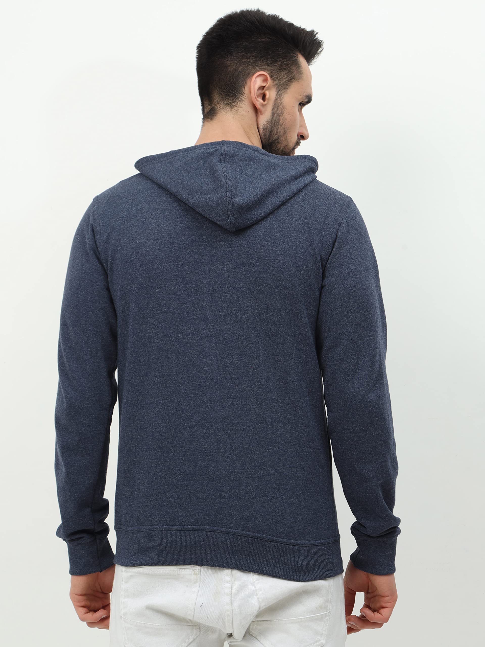 Wafaa Men's Cotton Plain Hooded Neck Full Zipper Navy Melange Color Sweatshirt Hoodies with Kangaroo Pocket XL Size - Image 7