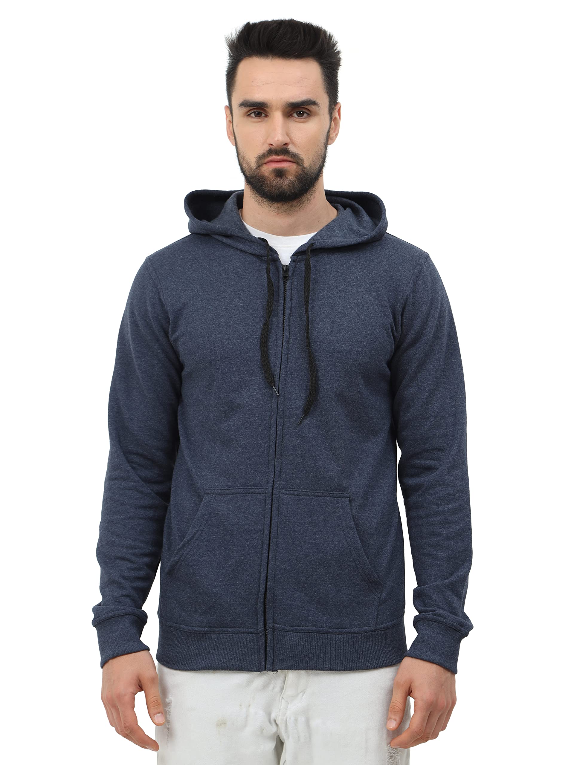 Wafaa Men's Cotton Plain Hooded Neck Full Zipper Navy Melange Color Sweatshirt Hoodies with Kangaroo Pocket XL Size