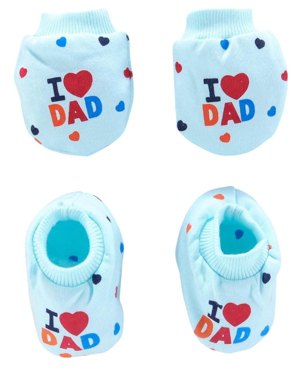 CUTEABLY Baby Cotton Mittens & Booties Set I Love Dad & Mom Print, 0-12 Months, Unisex (Baby, Blue, 0-12 Months)