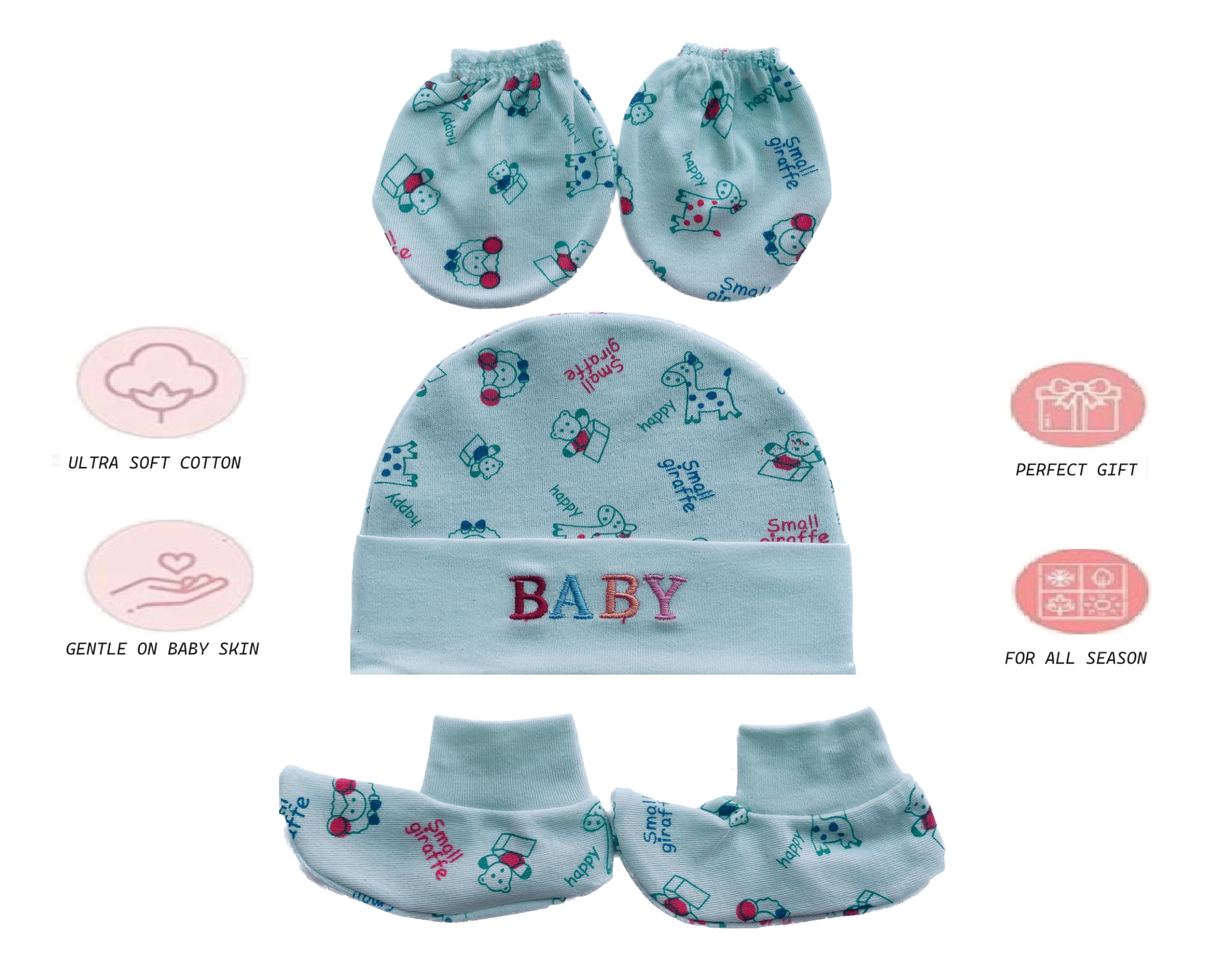 Wavva® Soft Cotton Printed Mitten Gloves Cap Booty Set for New Born Baby (Assorted Colours,0-6 Months) Multicoloured Hand Gloves and Socks (1) - Image 9